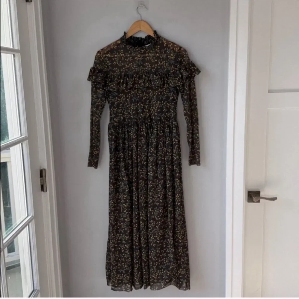 GANNI Tilden Ruffled Floral Print Mesh Maxi Dress